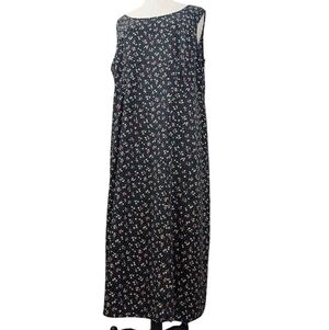 Vintage Carolyn Wells black Rayon, sleeveless floral maxi A-line dress. 16.